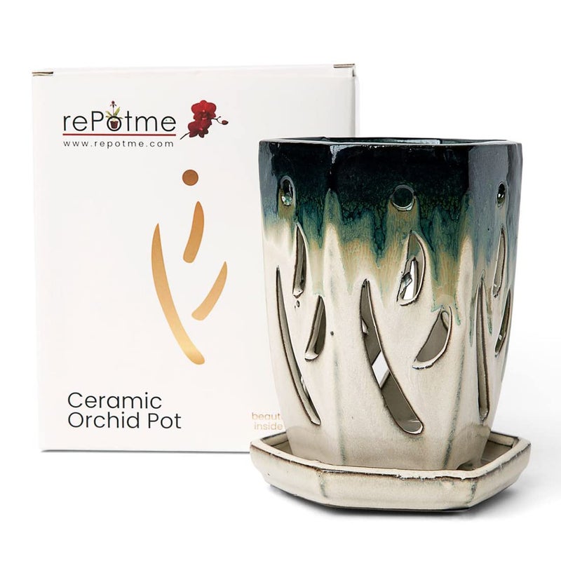 rePotme 4 x 6 inch Ceramic Orchid Pot (Evergreen Emerald Over Cream) - Hexagon Orchid Pot with Holes - Image 1